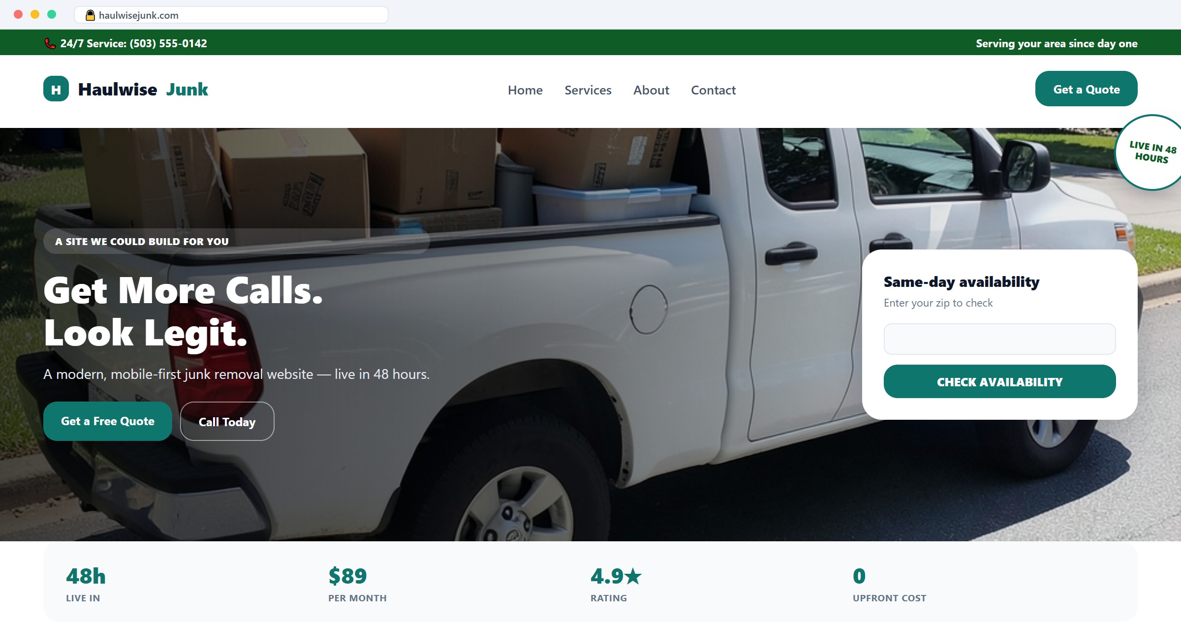 Example junk removal company website mockup built by Web Design For Junk Removal